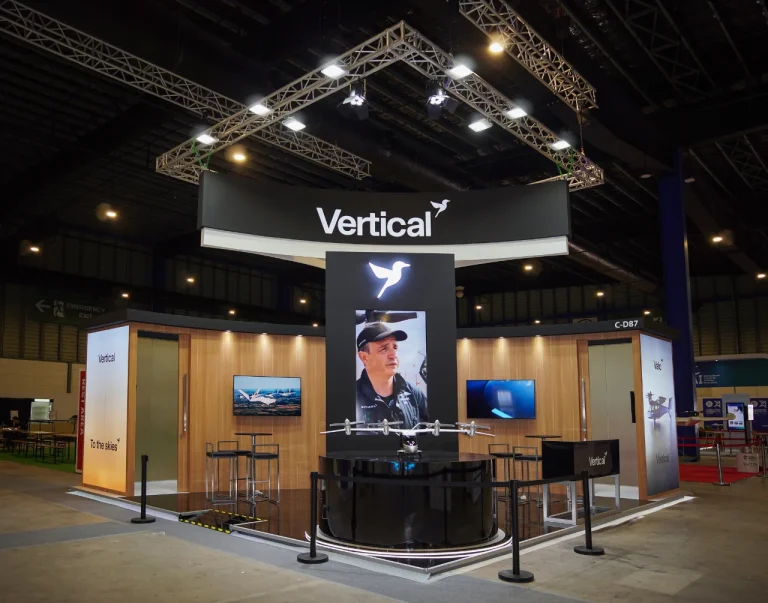 Vertical exhibition stand at Singapore Airshow 2026.